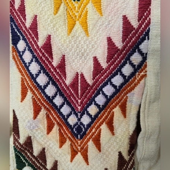 70s Mexican Linen Tapestry Jacket Womens Size M Aztec Chevron - Picture 6 of 6